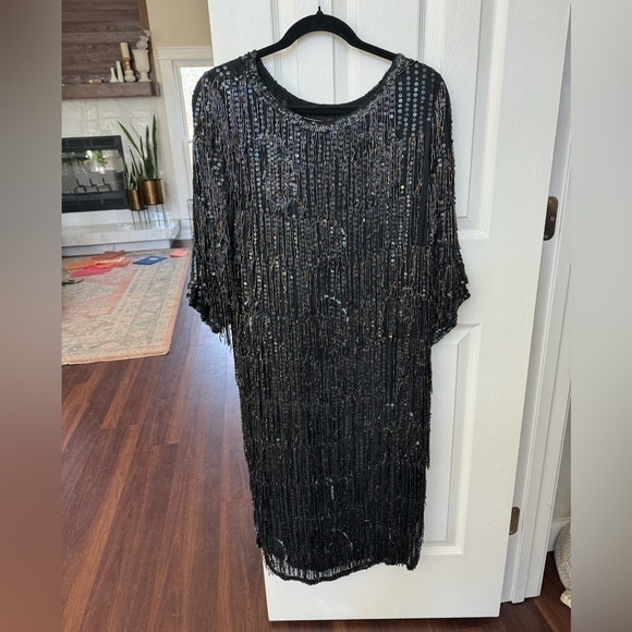 Vintage 100% Silk 3/4 Length Beaded Sequin Fringe Dress Size Medium - Picture 4 of 5